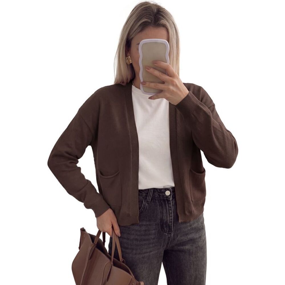 Women Open Front Long Sleeve with Pockets Knit Sweater Brown